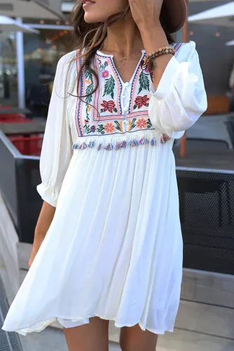 White Embroidered Tassel Boho Dream Dress