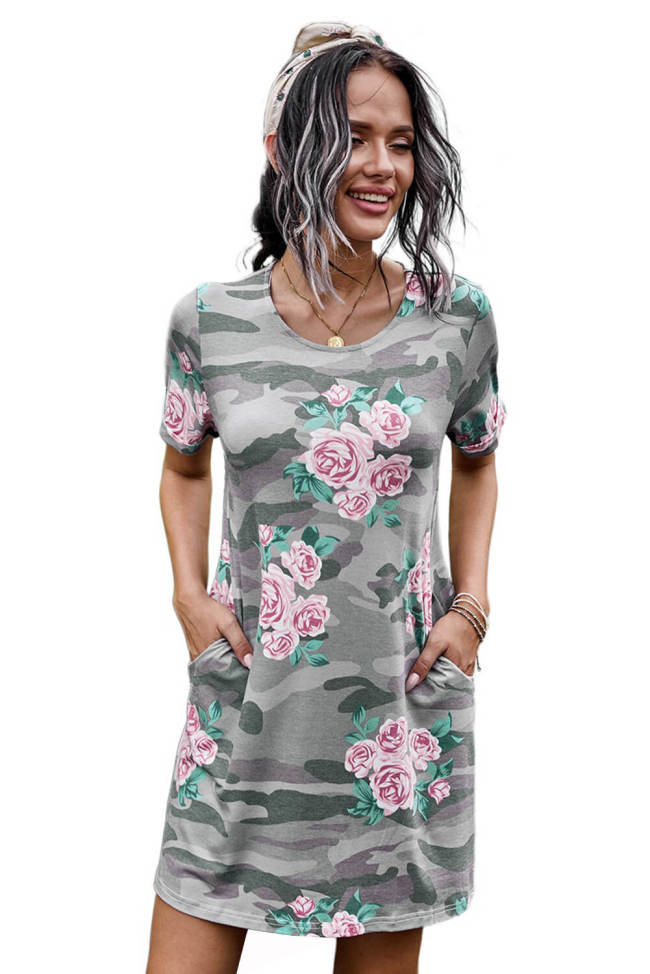Crew Neck Camo Floral T-shirt Dress