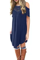Blue Lace Hollow-out Cold Shoulder Casual Dress