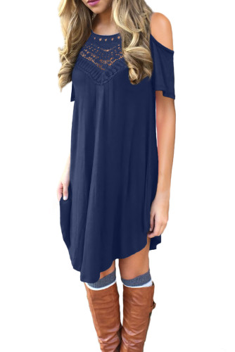 Blue Lace Hollow-out Cold Shoulder Casual Dress