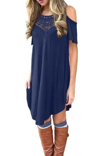 Blue Lace Hollow-out Cold Shoulder Casual Dress