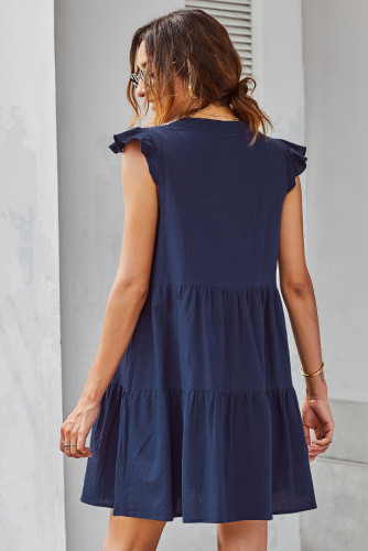 Blue Short Ruffled Sleeve V Neck Tiered Gathered Dress