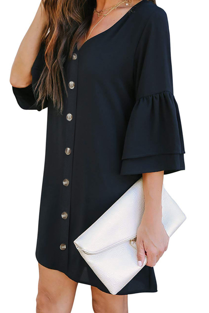 Black V Neck Buttoned Bell Sleeve Shift Shirt Dress