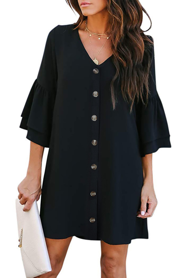 Black V Neck Buttoned Bell Sleeve Shift Shirt Dress
