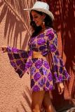 Purple Retro Bell Sleeve Front Knot 2 Pcs Dress