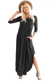 Black Pocketed Cotton Dress with Slit