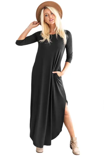 Black Pocketed Cotton Dress with Slit