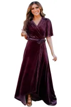 Wine Red Velvet Pleated Wrap Tie Waist Maxi Dress
