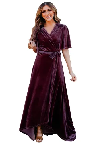 Wine Red Velvet Pleated Wrap Tie Waist Maxi Dress