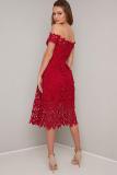 Red Off Shoulder Short Sleeve Crochet Party Dress