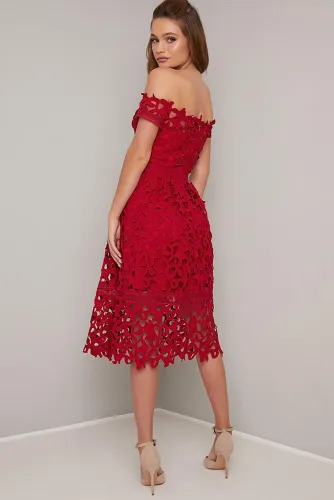 Red Off Shoulder Short Sleeve Crochet Party Dress