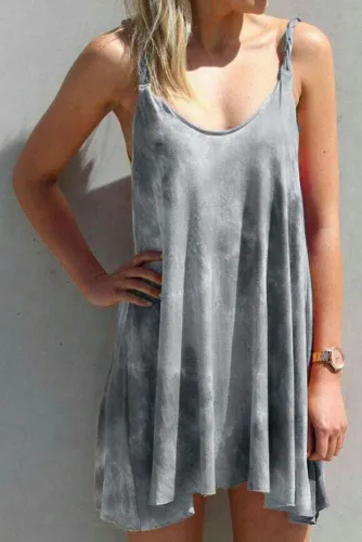Gray U Neck Gradient Color Printed Sling Sleeveless Swing Mini Dress