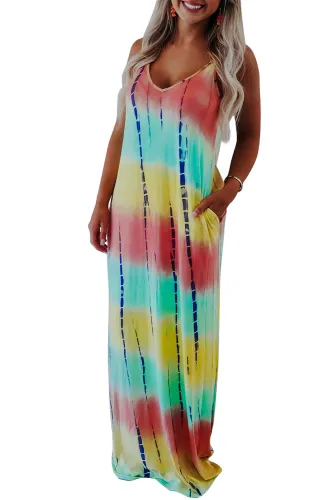 Yellow Tie-dye Print V Neck Spaghetti Straps Maxi Dress