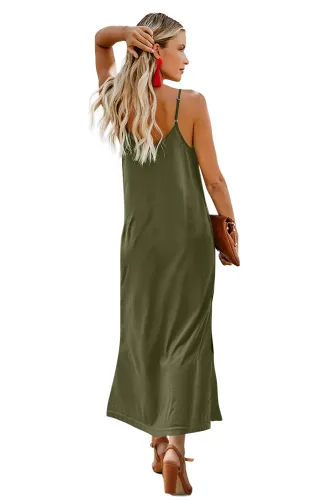 Green Button Slip Long Dress