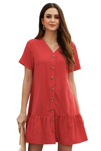 Red Pocketed Buttoned Ruffle Dress