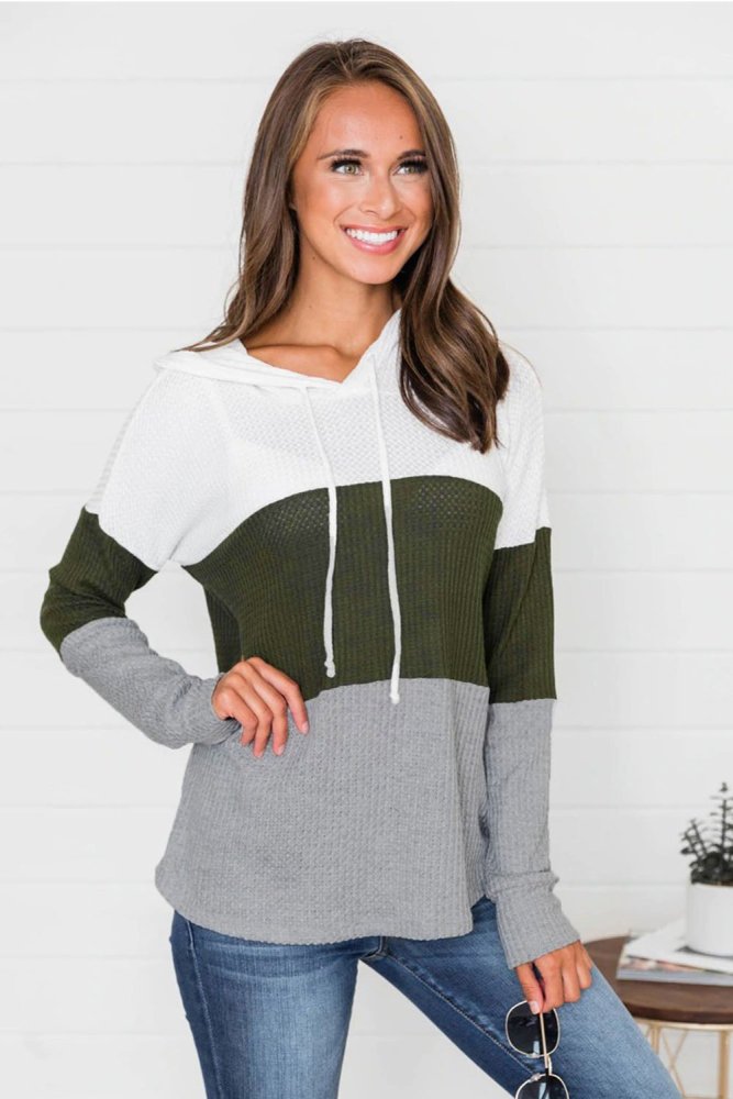 Green Color Block Drawstring Thumbhole Hoodie