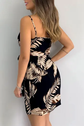 Black V Neck Leaf Print Mini Dress