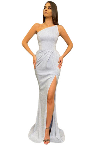 White One-shoulder Metallic Maxi Dress with Slit