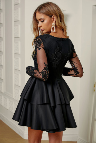 Black Sequin Embroidered Multilayer Skater Dress