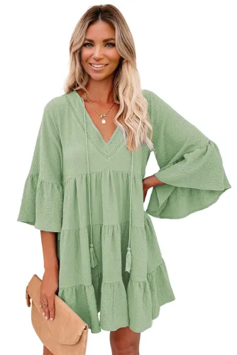 Green Cotton Tiered Babydoll Tunic Dress
