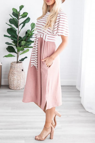 Pink Striped Shirt Tie Front Casual Midi Dress
