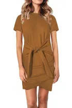 Brown Bodycon Short Sleeve Tie Waist T-shirt Mini Dress