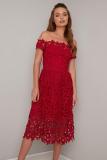 Red Off Shoulder Short Sleeve Crochet Party Dress