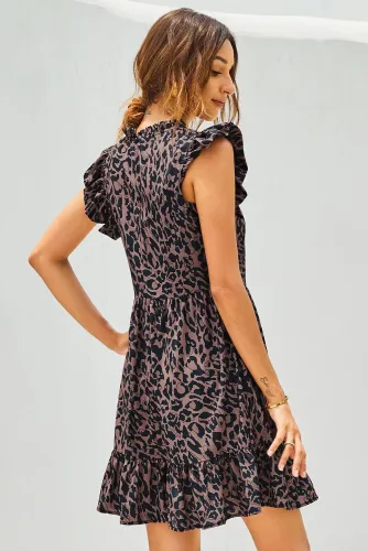 Leopard Print Ruffled Hemline Swing Dress