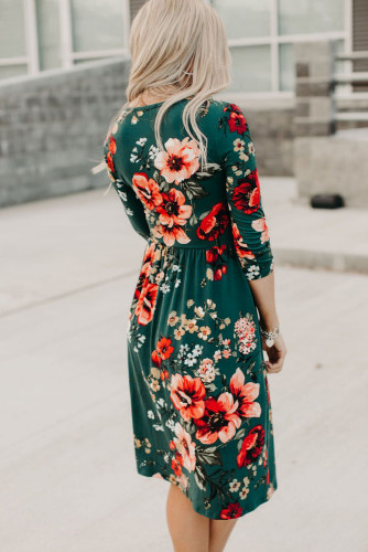 Green Floral 3/4 Sleeve Wrap Dress