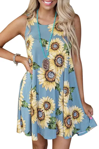 Blue Sunflower Print Tank Dress