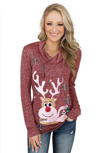 Christmas Reindeer Snow Print Zipped Pullover Top