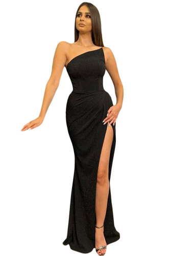 Black One-shoulder Metallic Maxi Dress with Slit