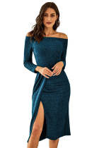 Blue Metallic Glitter Off Shoulder Formal Dress