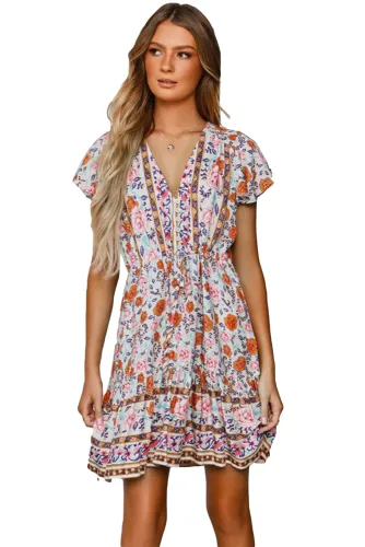 Multicolor Deep V High Waist Tie Short Ruffle Sleeve Mini Dress