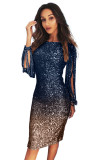 Blue Ombre Sequin Tassel Sleeve Bodycon Evening Dress