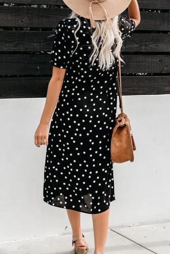 Black Polka Dot Buttoned Aside Midi Dress