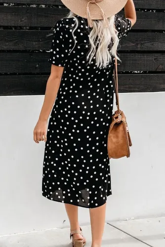 Black Polka Dot Buttoned Aside Midi Dress