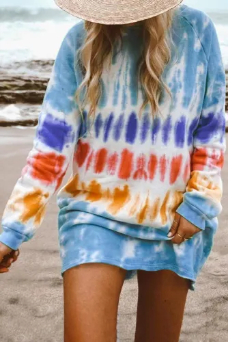 Blue Tie Dye Long Sleeve Sweatshirt Dress