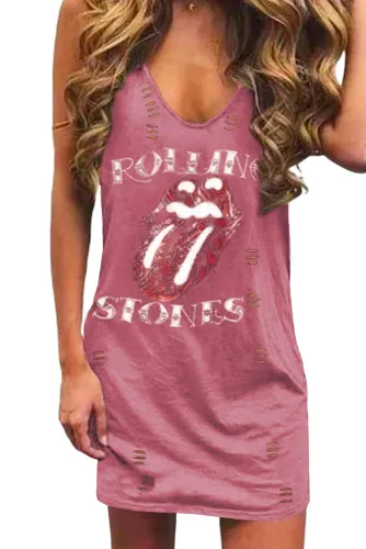 Pink Casual ROLLING STONES V Neck Cotton Dress