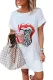 White Lip Print Summer Casual Tee Mini Dress