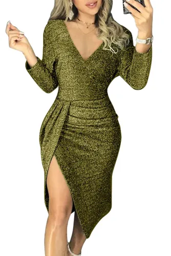 Green Glitter Ruched Thigh Slit Party Metallic Dress