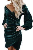 Green Puff Sleeve Off Shoulder Wrap Bodycon Velvet Dress