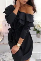 Black Double Frill Off Shoulder Long Sleeve Dress