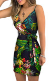 Green V Neck Leaf Print Mini Dress
