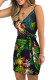 Green V Neck Leaf Print Mini Dress