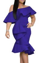 Blue Stylish Off The Shoulder Ruffle Design Knee Length Dress
