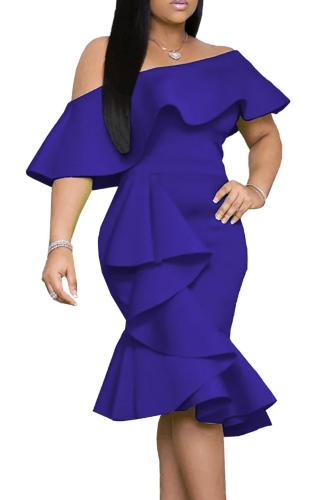 Blue Stylish Off The Shoulder Ruffle Design Knee Length Dress