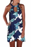 Blue Printed Hollow Out Halter Mini Dress