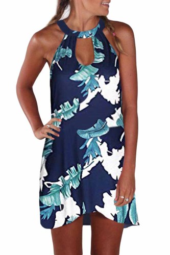 Blue Printed Hollow Out Halter Mini Dress
