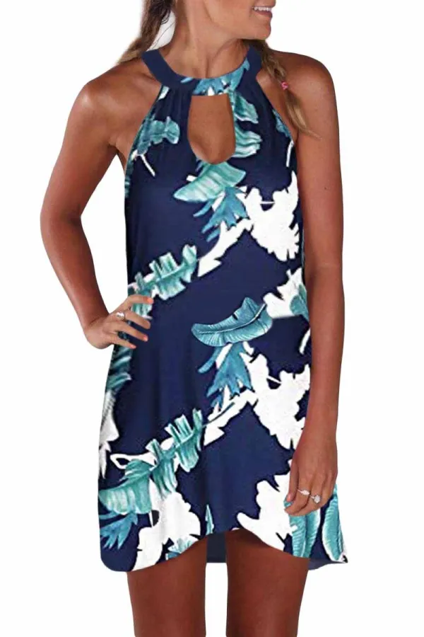 Blue Printed Hollow Out Halter Mini Dress
